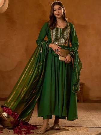 Viscose Silk Fabric Dark Green Colour Ready Made Suit