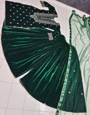 Viscose Velvet Green Top Sharara Dupatta Set