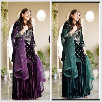 Viscose Velvet Green Top Sharara Dupatta Set