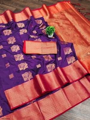 Wedding Banarasi Purple Soft Silk Sarees With Gold Zari 