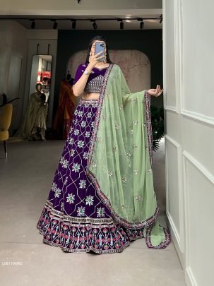 Wedding Purple Sequins and Embroidered Georgette Lehenga