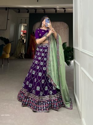 Wedding Purple Sequins and Embroidered Georgette Lehenga