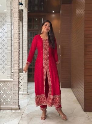 Wedding Red Retro Georgette Suits