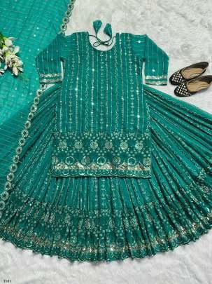 Wedding Wear Aqua Green Georgette With Design Suit Set