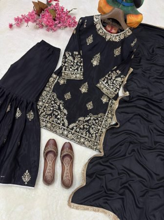 Wedding Wear Black Embroidered Sharara Suit