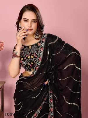 Wedding Wear Black Rangoli Silk Saree With Canvas Patta