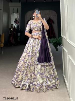 Wedding Wear Blue Tussar Silk Floral Print Lehenga Choli