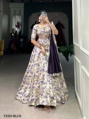 Wedding Wear Blue Tussar Silk Floral Print Lehenga Choli