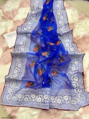 Wedding Wear Dark Blue Organza Silk Saree With Chikankari Work