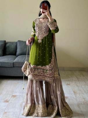 Wedding Wear Embroidery Work Green Top Sharara Dupatta Set
