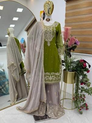 Wedding Wear Embroidery Work Green Top Sharara Dupatta Set