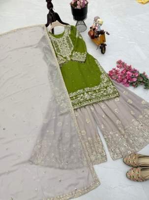 Wedding Wear Embroidery Work Green Top Sharara Dupatta Set