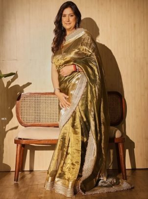 Wedding Wear Glass Tissue Silk Mehendi Saree