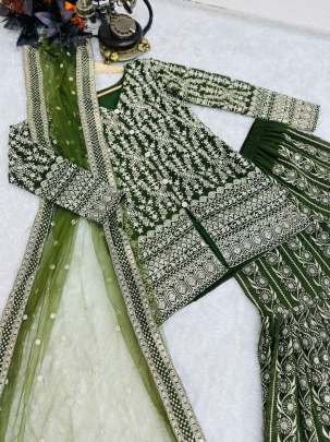 Wedding Wear Green Embroidery Sequience Work Fox Georgette Pakistani Sharara Suits