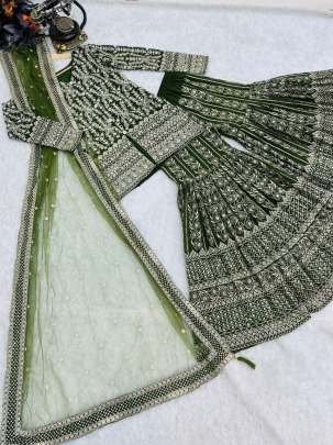 Wedding Wear Green Embroidery Sequience Work Fox Georgette Pakistani Sharara Suits