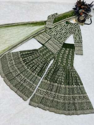 Wedding Wear Green Embroidery Sequience Work Fox Georgette Pakistani Sharara Suits