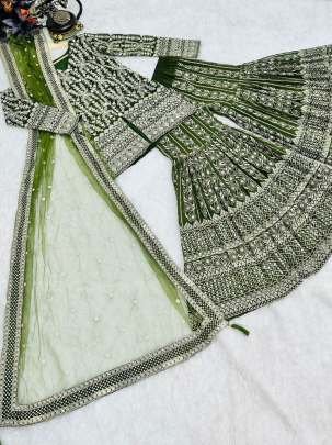 Wedding Wear Green Embroidery Sequience Work Fox Georgette Pakistani Sharara Suits