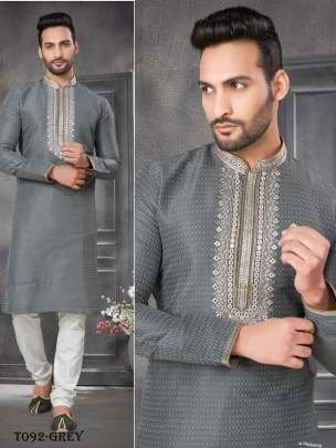 Wedding Wear Grey Cotton Kurta Pajama Set For Mens Wear