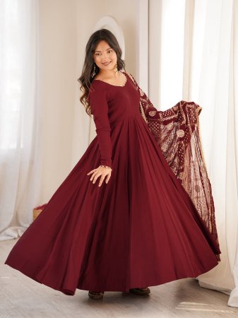 Wedding Wear Maroon Roman Silk Anarkali Kurti Set