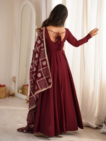 Wedding Wear Maroon Roman Silk Anarkali Kurti Set