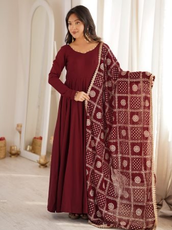 Wedding Wear Maroon Roman Silk Anarkali Kurti Set