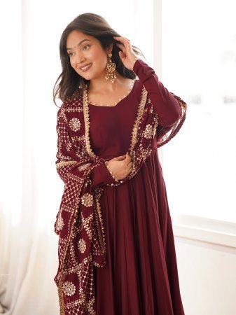 Wedding Wear Maroon Roman Silk Anarkali Kurti Set