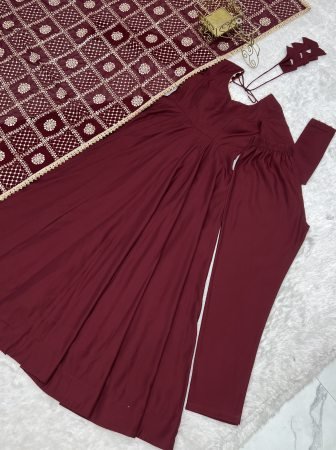 Wedding Wear Maroon Roman Silk Anarkali Kurti Set