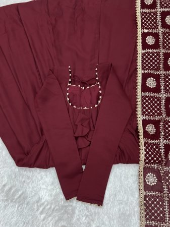 Wedding Wear Maroon Roman Silk Anarkali Kurti Set