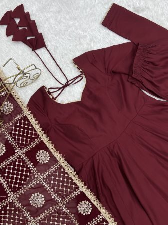 Wedding Wear Maroon Roman Silk Anarkali Kurti Set