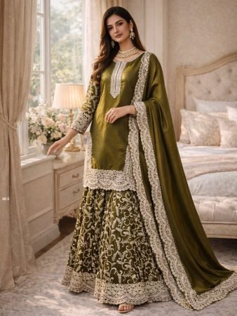 Wedding Wear Mehendi Green Fandy Silk Sharara Suit 