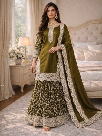 Wedding Wear Mehendi Green Fandy Silk Sharara Suit
