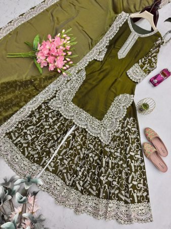 Wedding Wear Mehendi Green Fandy Silk Sharara Suit