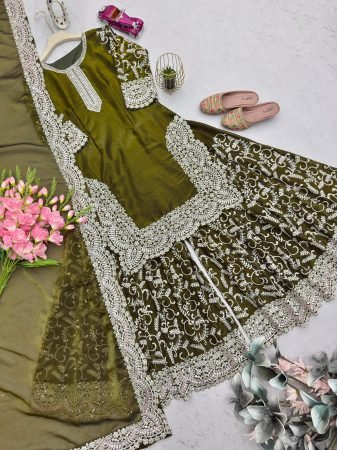 Wedding Wear Mehendi Green Fandy Silk Sharara Suit