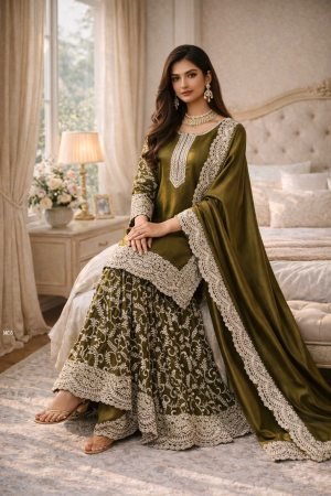 Wedding Wear Mehendi Green Fandy Silk Sharara Suit