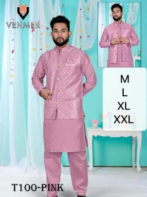 Wedding Wear Mens Collection Pink Pure Silk Kurta Pajama With Koti Set