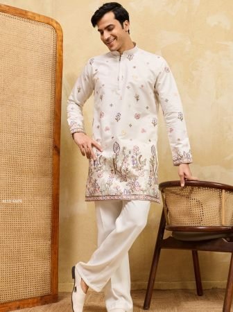 Wedding Wear Mens White Kurta  With Multi Thread Work