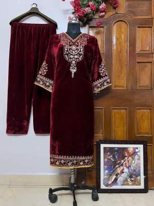 Wedding Wear Of  Maroon Velvet Cord Set