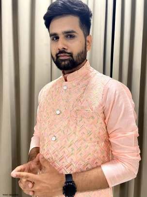 Wedding Wear Orange Kurta Pyjama With Jacket For Men