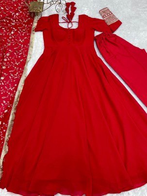 Wedding Wear Red Gown With Beautiful Embroidery Work Dupatta