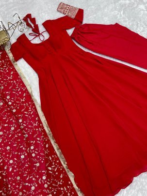 Wedding Wear Red Gown With Beautiful Embroidery Work Dupatta