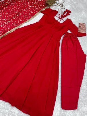 Wedding Wear Red Gown With Beautiful Embroidery Work Dupatta