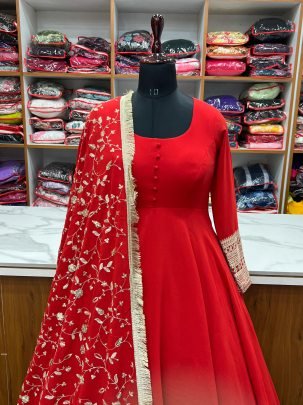 Wedding Wear Red Gown With Beautiful Embroidery Work Dupatta