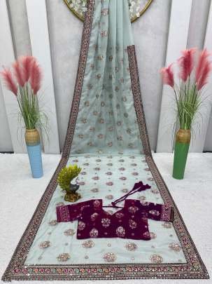 Wedding Wear Sequence Thread Work Organza Silk Saree