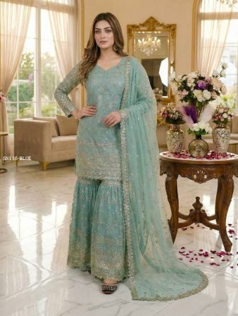 Sky Blue Wedding Wear Gharara Suit with Embroidery Work