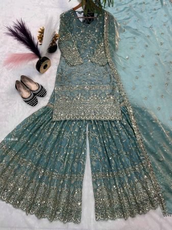 Sky Blue Wedding Wear Gharara Suit with Embroidery Work