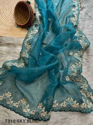 Wedding Wear Sky Blue Organza Zari Work Saree