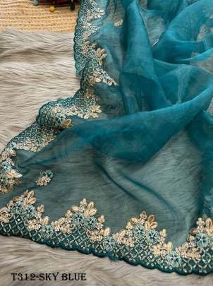 Wedding Wear Sky Blue Organza Zari Work Saree