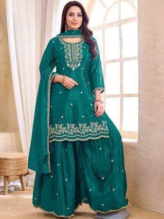 Wedding Wear Teal Premium Chinon Palazzo Suit Set