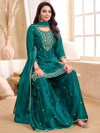 Wedding Wear Teal Premium Chinon Palazzo Suit Set