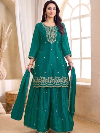 Wedding Wear Teal Premium Chinon Palazzo Suit Set